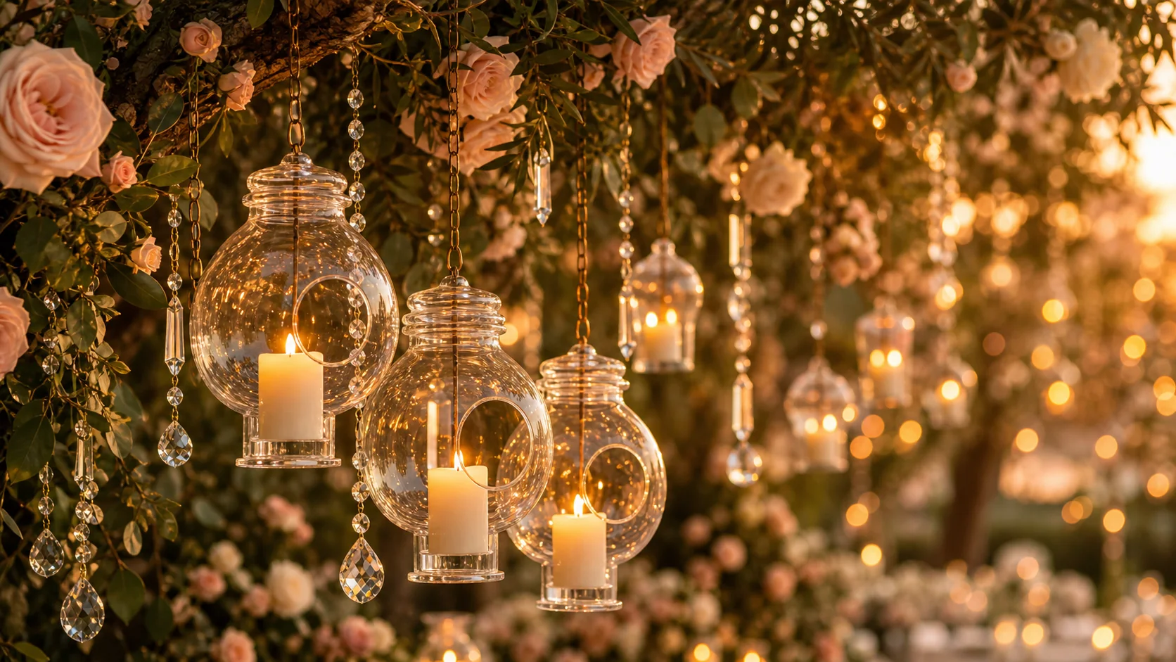 Lanterns and candlelight strung above a garden table at dusk